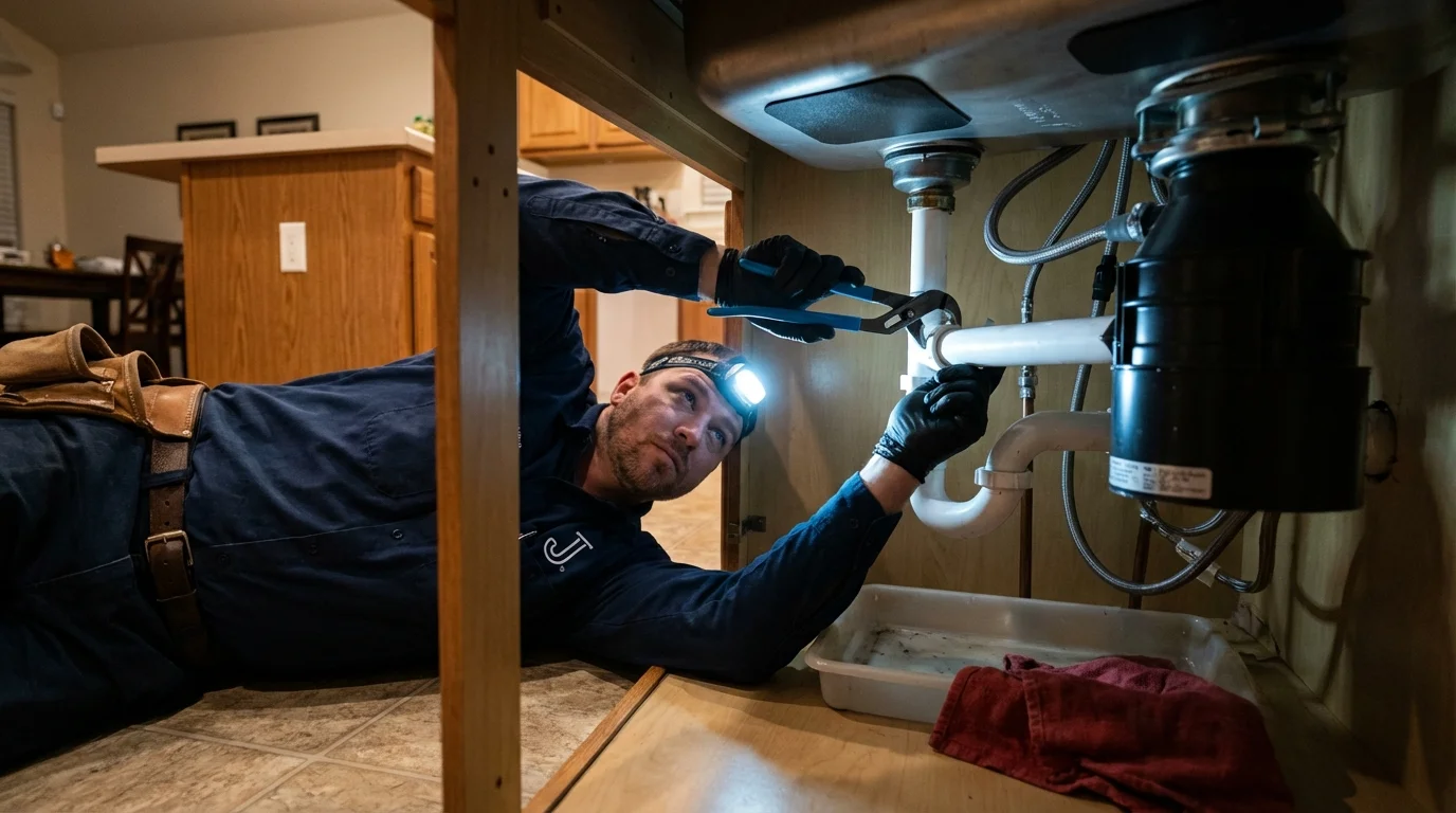 P-trap and supply line connections under a kitchen sink showing a common leak point in Williamsburg, KY